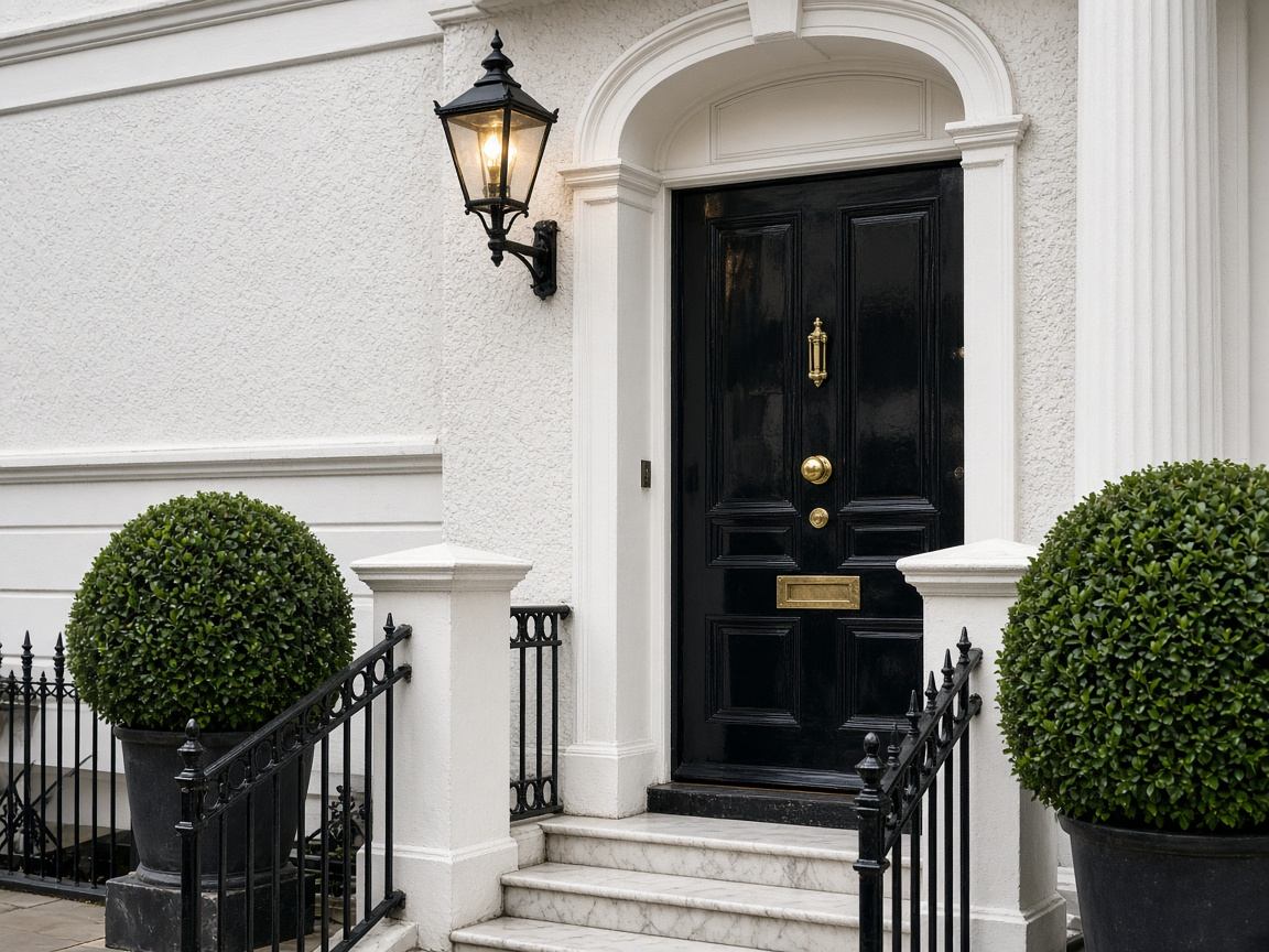 White stucco townhouse entrance with a glossy black door and topiary