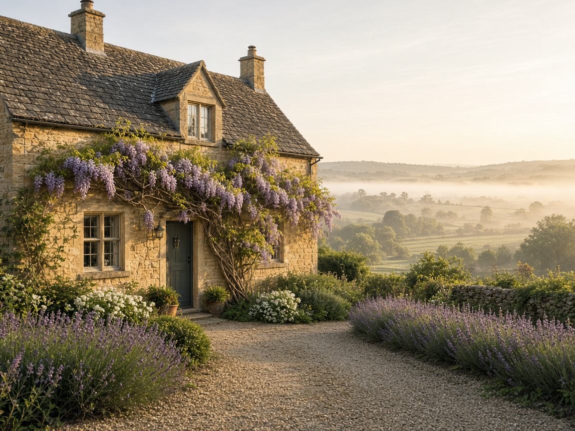 Honey-stone Cotswold cottage with wisteria over the door and misty fields beyond