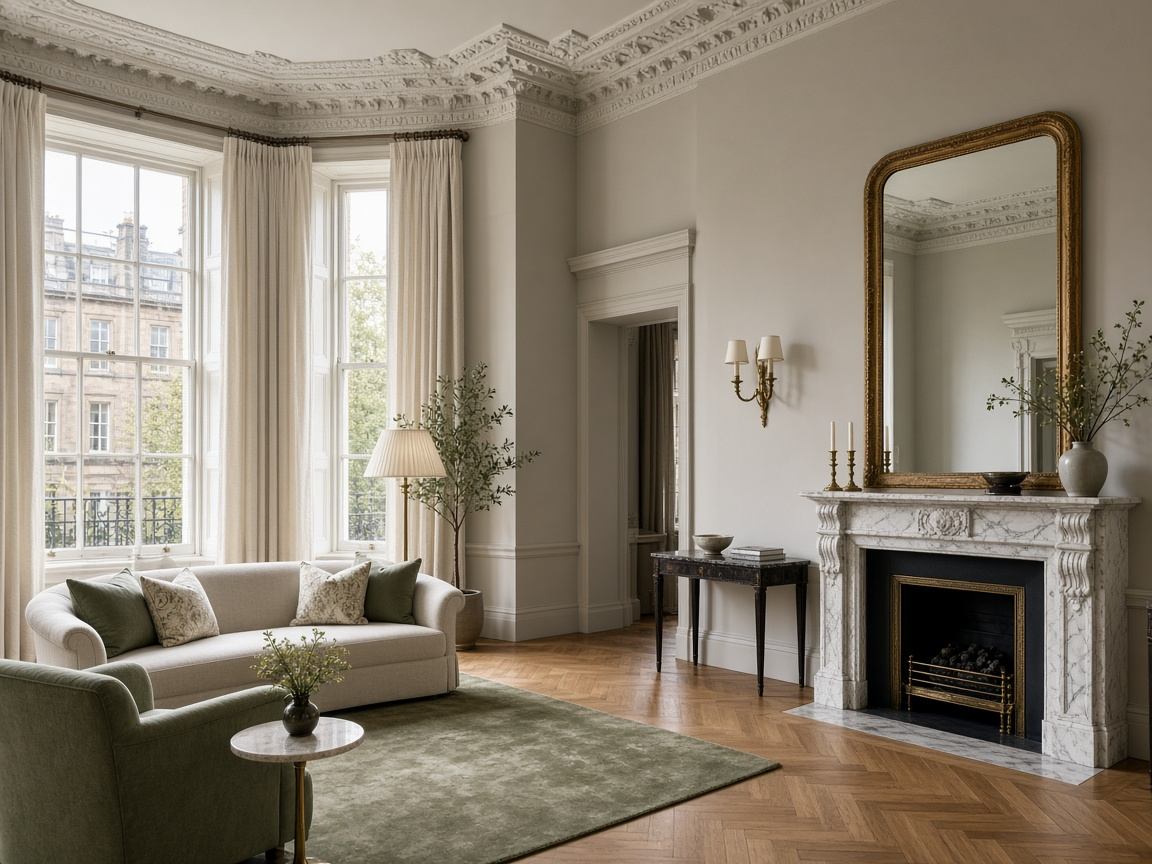 Georgian drawing room with ornate cornicing, tall bay windows and a marble fireplace