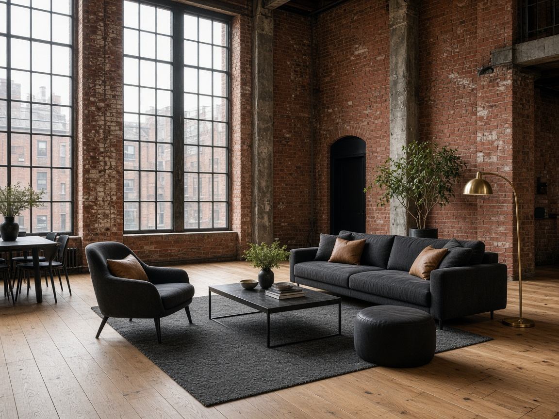 Converted warehouse loft with exposed brick, tall industrial windows and oak floors