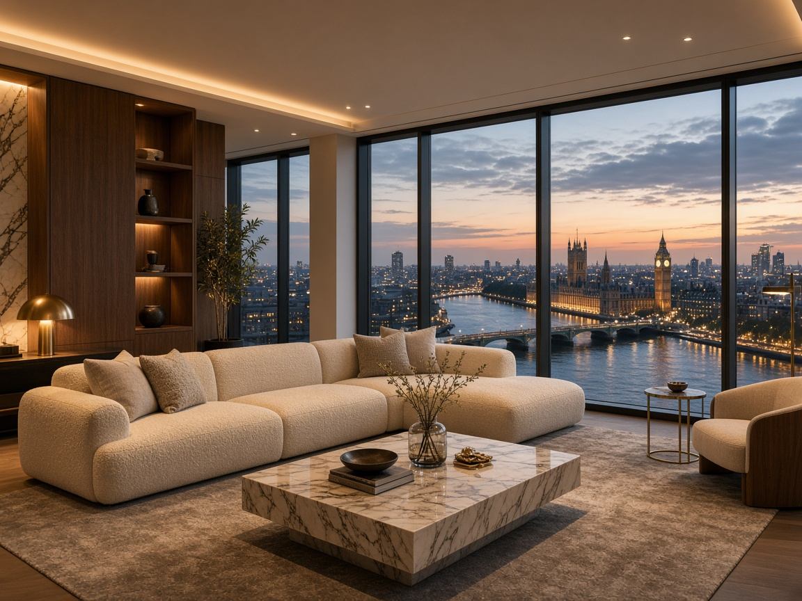 Penthouse living room with floor-to-ceiling windows overlooking the Thames at dusk
