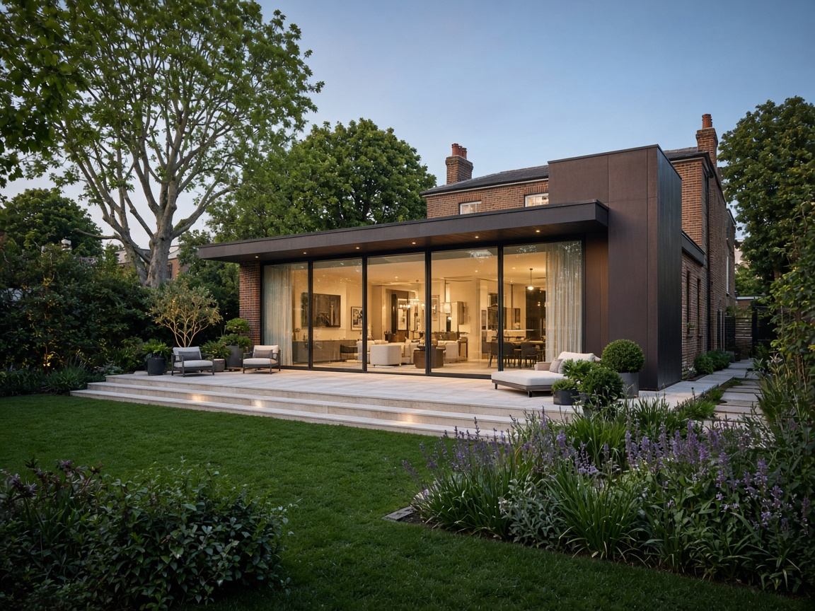 Contemporary family house with wide glass doors seen from a landscaped garden at dusk
