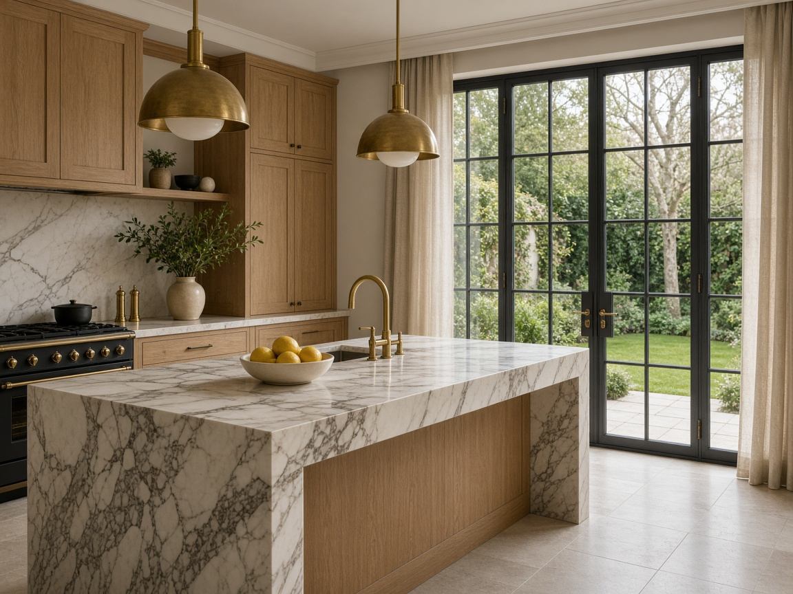 Luxury kitchen with a marble island, oak cabinetry and brass pendant lights