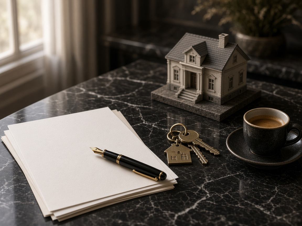 Tenancy documents, a fountain pen and house keys arranged on a marble desk